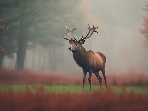 cervo che si muove sul campo verde nella nebbia autunnale natura ai generativa