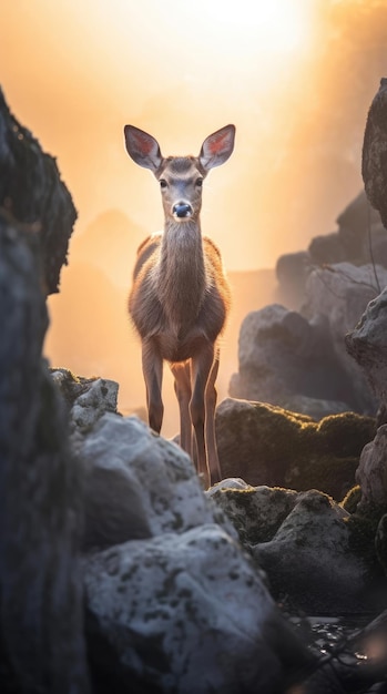 Cervo comune sulla roccia