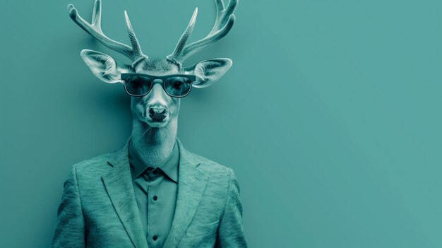 Cervo con talento vestito in stile hipster occhiali da sole sul capo di Natale pastello teal verde eleganza vacanza creatività scatenata AI Generative