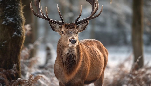 Cervo cornuto nella foresta invernale primo piano ritratto AI generativa