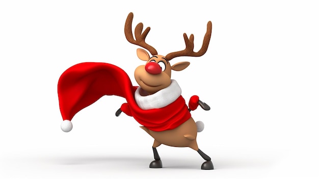 Cervo di cartone animato con cappello e sciarpa di Babbo Natale