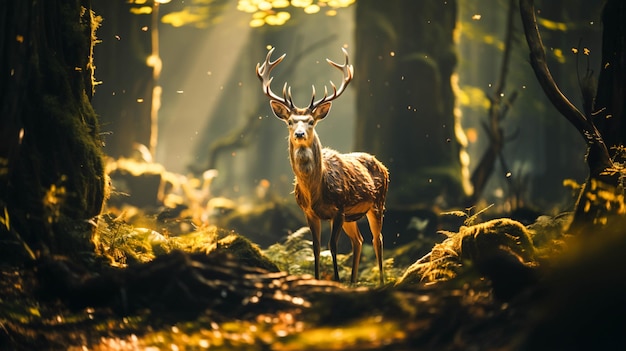 Cervo in piedi nel prato che sembra carino nascosto nella foresta tranquilla