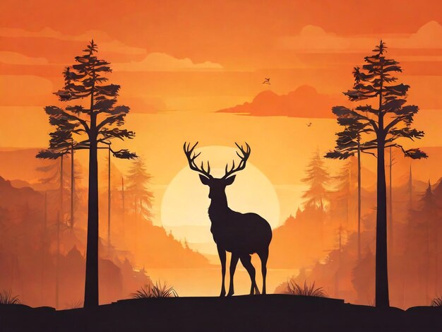 Cervo in piedi sullo sfondo della foresta sognante durante il design del poster vettoriale del tramonto di colore arancione
