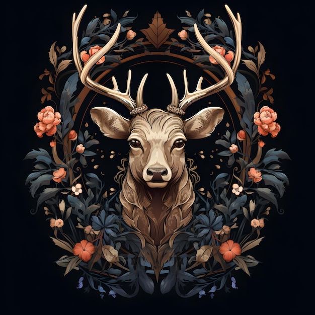 Cervo in una cornice decorata con foglie nello stile delle illustrazioni di animali iperrealistiche