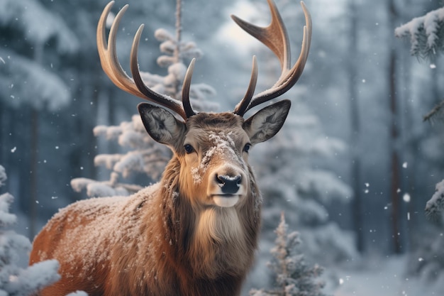 cervo orgoglioso con grandi corna in una foresta innevata