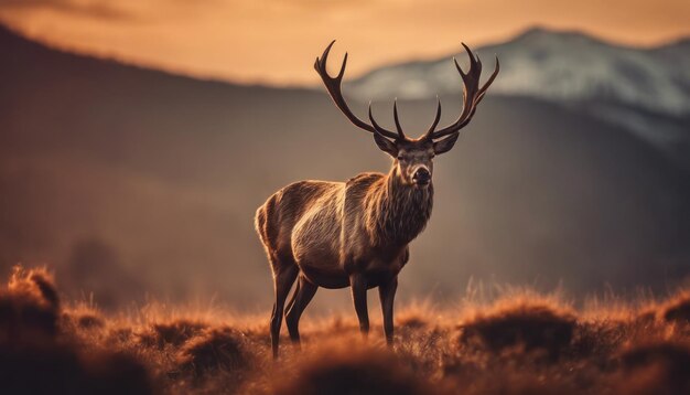 Cervo rosso illuminato dal sole cervus elaphus cervo con nuove corna che crescono di fronte alla telecamera in natura estiva Alerta erbivoro da vista laterale con spazio di copia Animale selvaggio con pelliccia marrone che osserva sul fieno