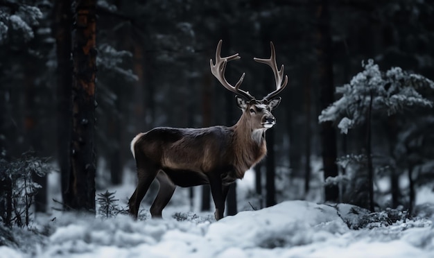 Cervo rosso maschio in inverno foresta innevata inverno sfocato paesaggio natalizio animali nella foresta cervo in inverno
