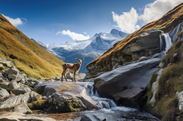 Cervo sereno sulla maestosa montagna con cascata IA generativa