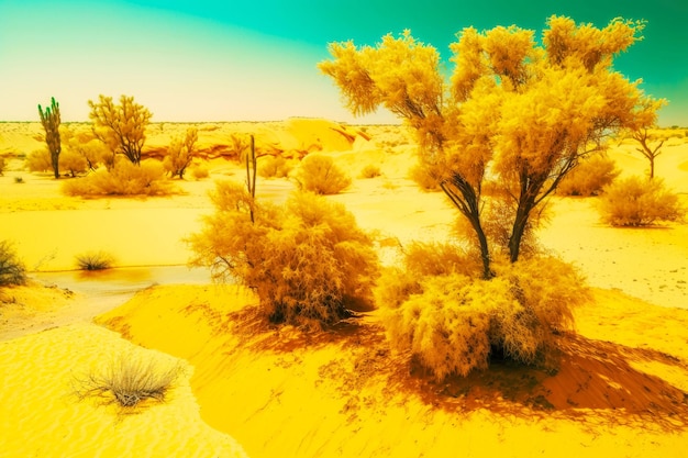 Cespugli verdi secchi sulla calda sabbia gialla dell'oasi desertica nel deserto generativo ai