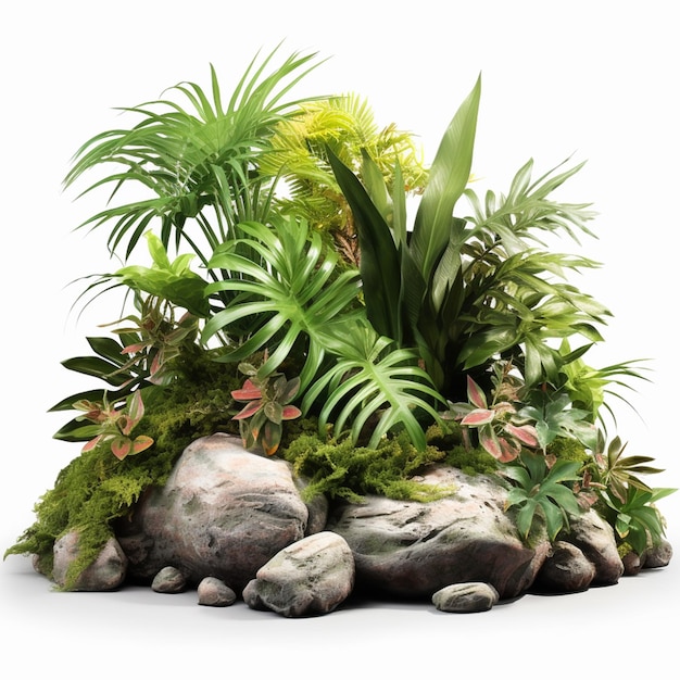 Cespuglio tropicale con pietre decorative disposizione floreale nei giardini disegno naturale isolato su whi