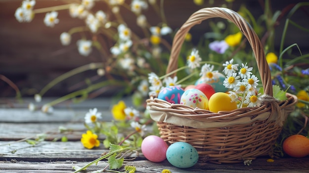 Cesti con uova colorate di Pasqua su un rustico tavolo antico in legno Generativo Ai