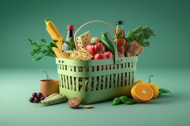 Cestino con alimenti su sfondo verde Concetto di supermercato Generazione AI