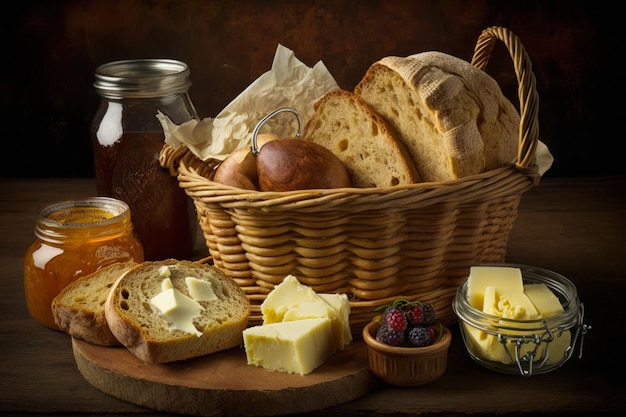 Cestino con pane burro e marmellata su tavola di legno IA generativa