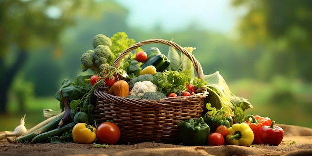 cestino con verdure fresche su uno sfondo naturale