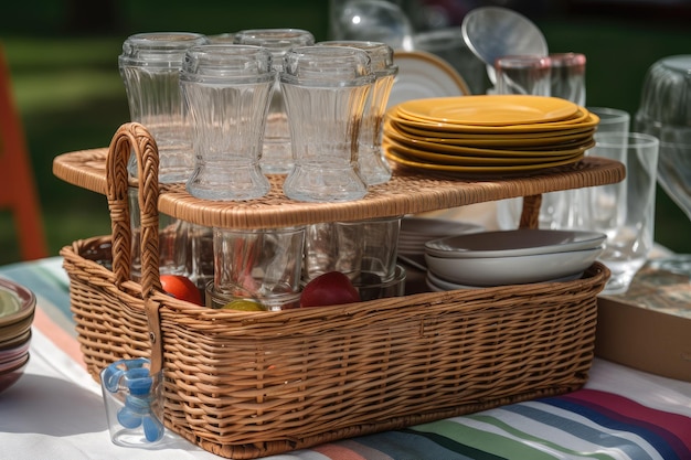 Cestino da picnic a due piani con bicchieri, piatti e posate per un incontro formale