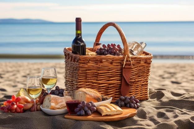 Cestino da picnic ben organizzato con bottiglia di vino su una spiaggia