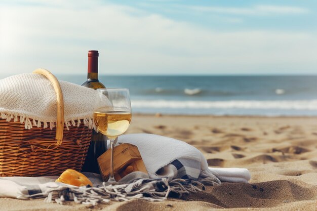 Cestino da picnic con bottiglia di vino in riva al mare