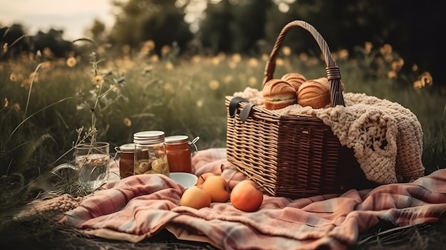 Cestino da picnic con cibo su un tavolo in un campo