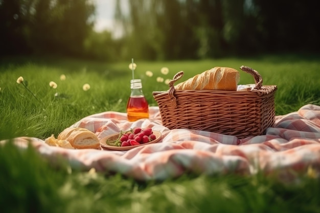 Cestino da picnic con croissant e marmellata su una coperta su erba verde Telo da picnic su un campo verde con cestino da picnic AI Generated