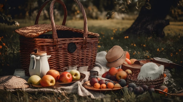 Cestino da picnic con frutta e cappello su una coperta