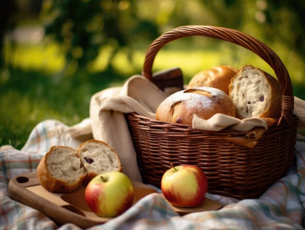 Cestino da picnic con mele e pane all'aperto