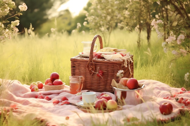 Cestino da picnic con mele e un bicchiere di vino su una coperta in un campo