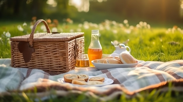 Cestino da picnic con pane al miele e burro sull'erba