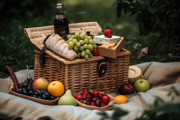 Cestino da picnic pieno di frutta fresca formaggio e vino per un picnic nel parco