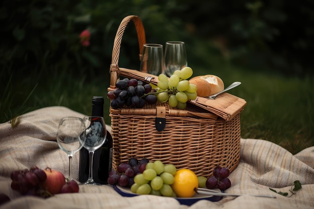 Cestino da picnic pieno di frutta fresca formaggio e vino per un picnic nel parco