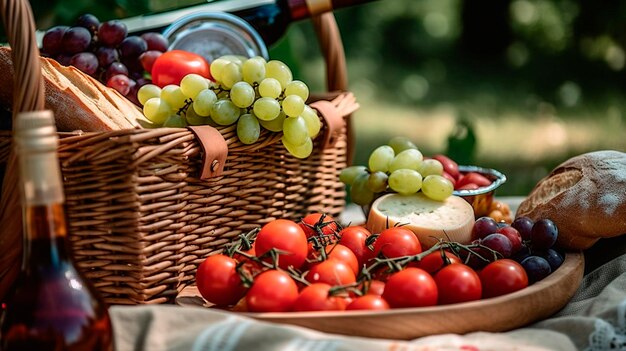 Cestino da picnic traboccante di cibo delizioso Generative Ai