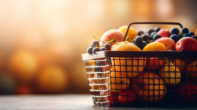 Cestino del supermercato pieno di frutta e verdura con spazio di copia