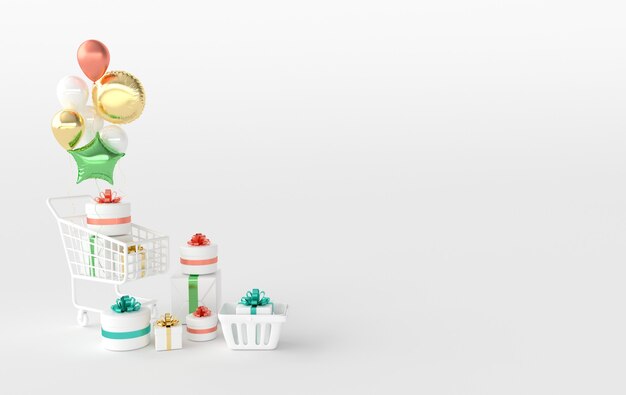 Cestino della spesa e carrello con scatola regalo e palloncini colorati su sfondo bianco. rendering 3d