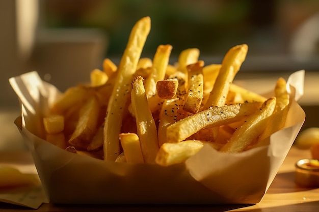 Cestino di patatine fritte con sopra un sacchetto di sale