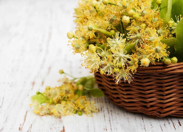 Cestino di vimini con fiori di tiglio su un tavolo