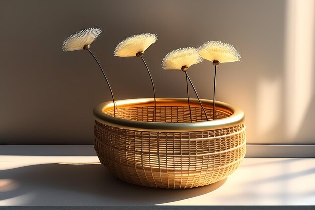 Cestino in rattan in acciaio oro beige con fiore di gypsophila su tavolo in pietra bianca in foglia di luce solare