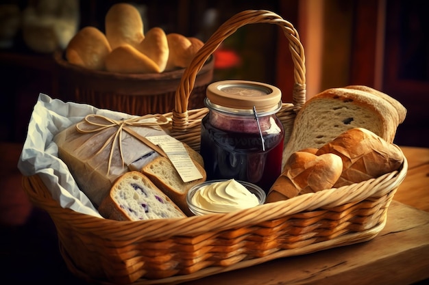 Cestino pieno di marmellata di pane e burro IA generativa