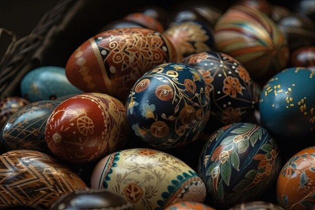 Cestino pieno di uova di Pasqua dipinte a colori vivaci IA generativa
