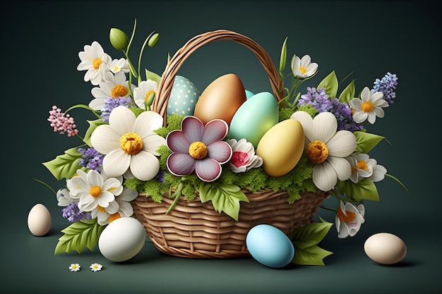 Cesto con fiori e uova colorate sul tavolo Sfondo di Pasqua