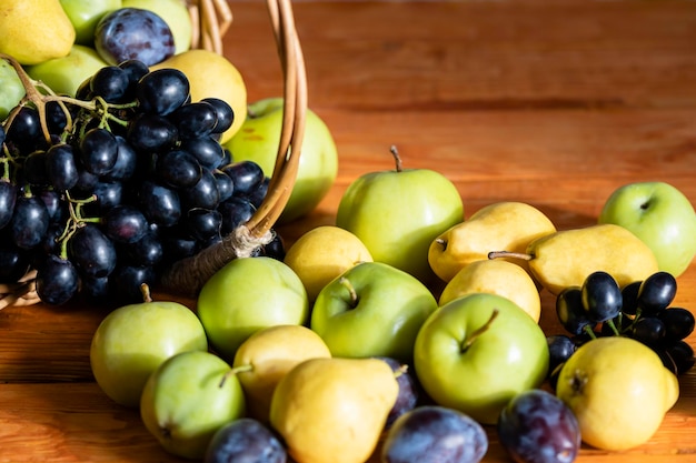 Cesto con frutti maturi mele pere uva prugne fuoco selettivo