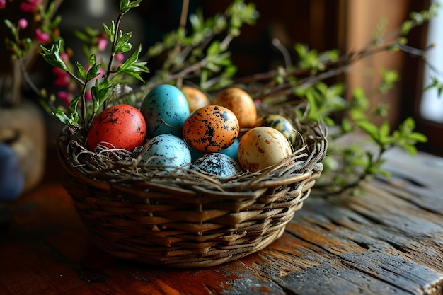 Cesto con le uova di Pasqua sul tavolo