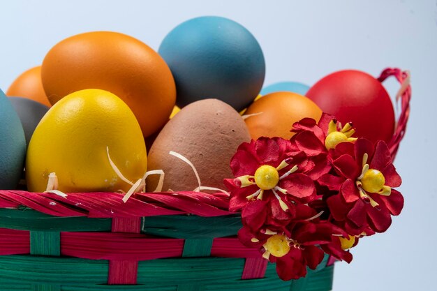 Cesto con paglia e uova decorate per la celebrazione della Pasqua cristiana