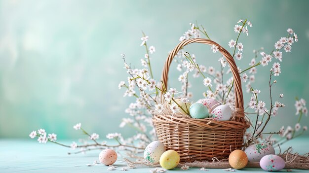 Cesto con uova di Pasqua e fiori di primavera su sfondo turchese ai generativo