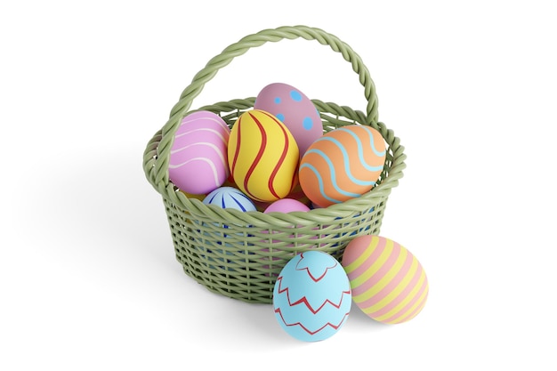 Cesto con uova di Pasqua isolate su sfondo bianco illustrazione 3d