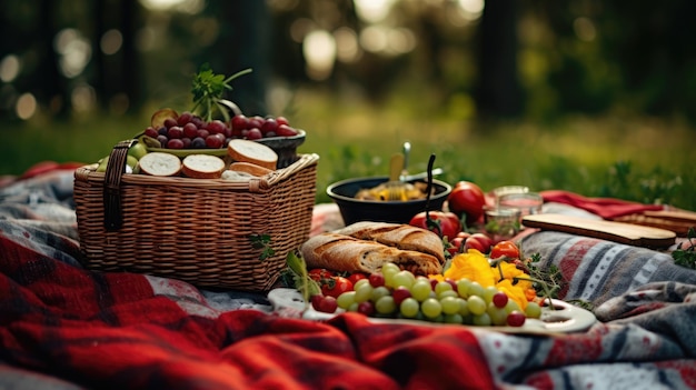 Cesto da picnic con frutta e panetteria in giardino