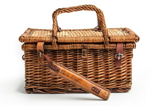 Cesto da picnic di vimini con manico di legno Un cestino da picnic da vimini con un robusto manigo di legno si trova su un campo erboso Il cestino è vuoto su uno sfondo trasparente chiaro in PNG