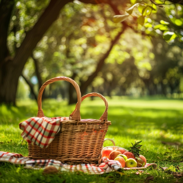 Cesto da picnic nel parco estivo Pranzo all'aperto Pranzo sull'erba Vacanze primaverili Piacere Cesto da picknick