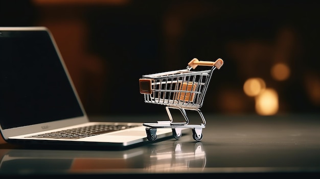 Cesto della spesa e piccole scatole anche portatile sul tavolo per il concetto di shopping online