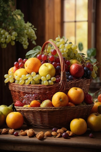 Cesto di cibo sano pieno di frutta fresca alla luce naturale del tramonto.