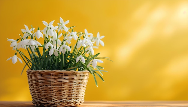 Cesto di fiori bianchi gocce di neve su uno sfondo primaverile giallo pastello