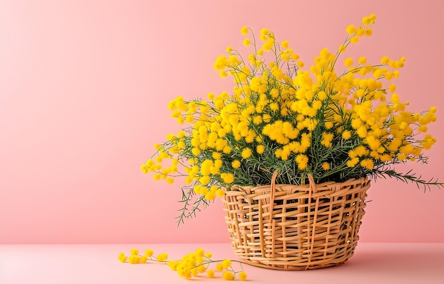 Cesto di fiori di mimosa gialli gocce di neve su un retro primavera blu